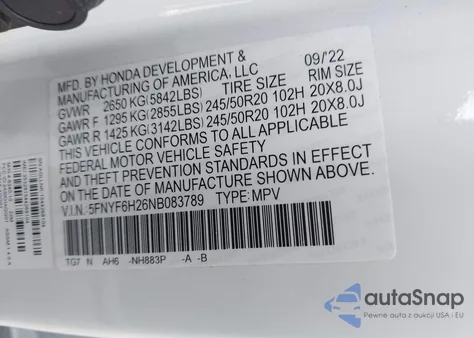 2022 Honda Pilot Awd Special Edition z USA, uszkodzony, nr VIN 5FNYF6H26NB083789
